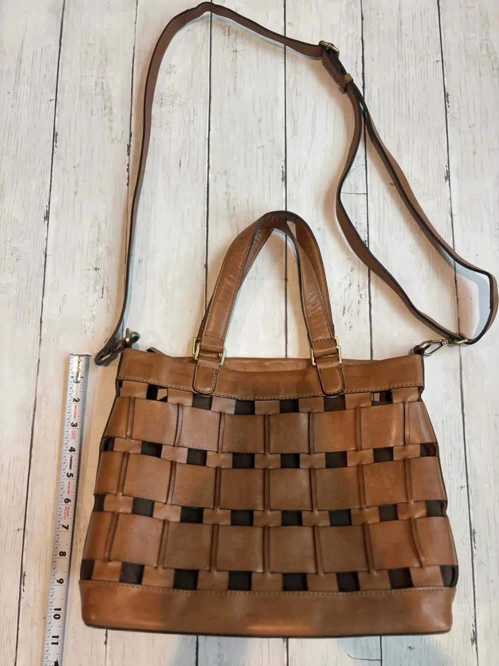 Woven Leather Tote Bag in Tan - Classic Women's Shoulder Bag